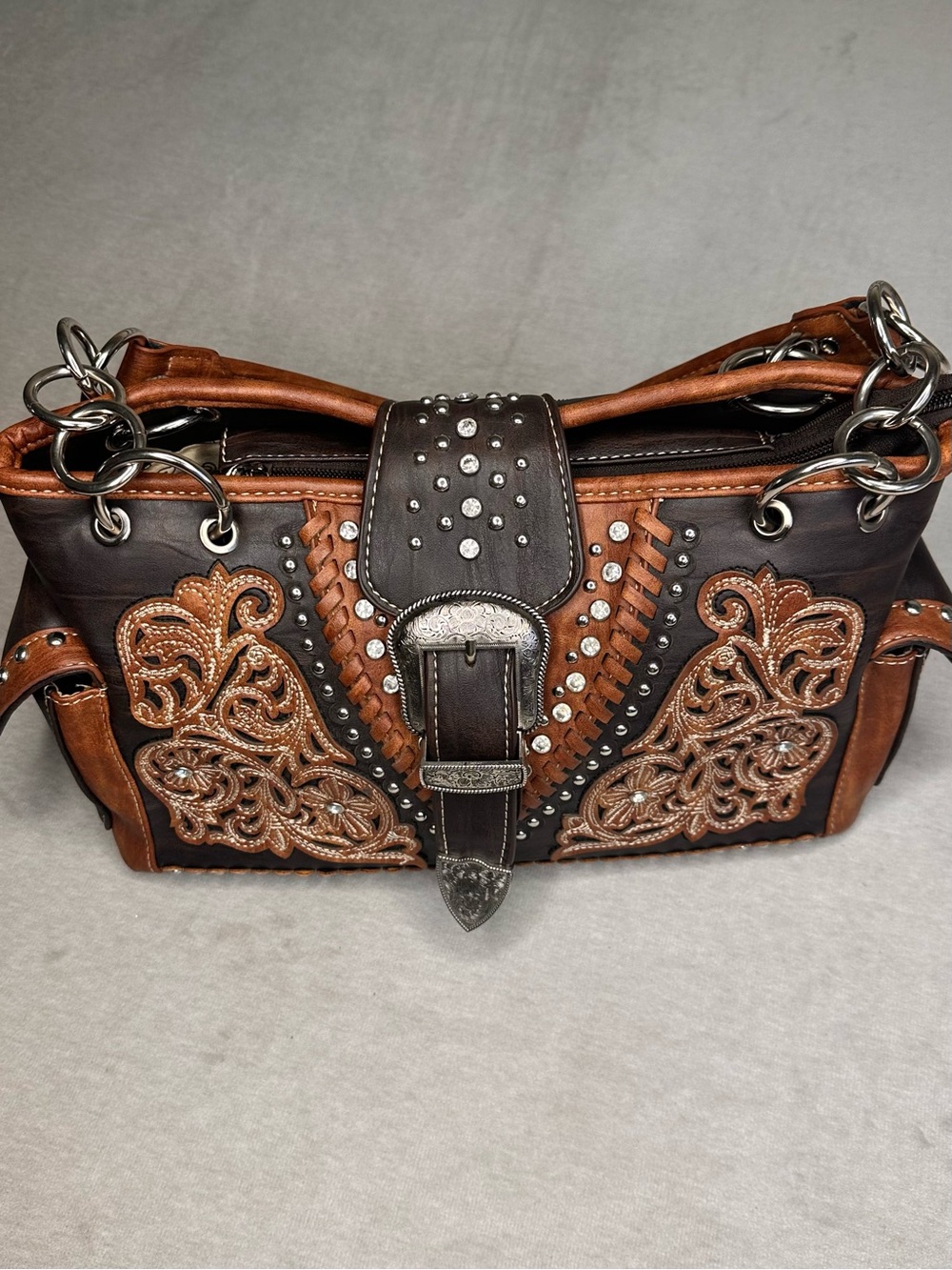 Montana West Embellished Brown & Tan Western-Style Shoulder Bag
